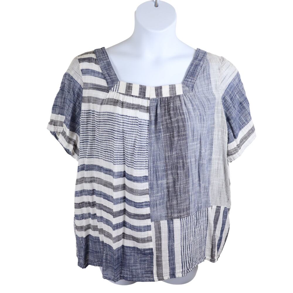 J Jill Blue White Striped Patchwork XL Cotton Short Sleeve Blouse